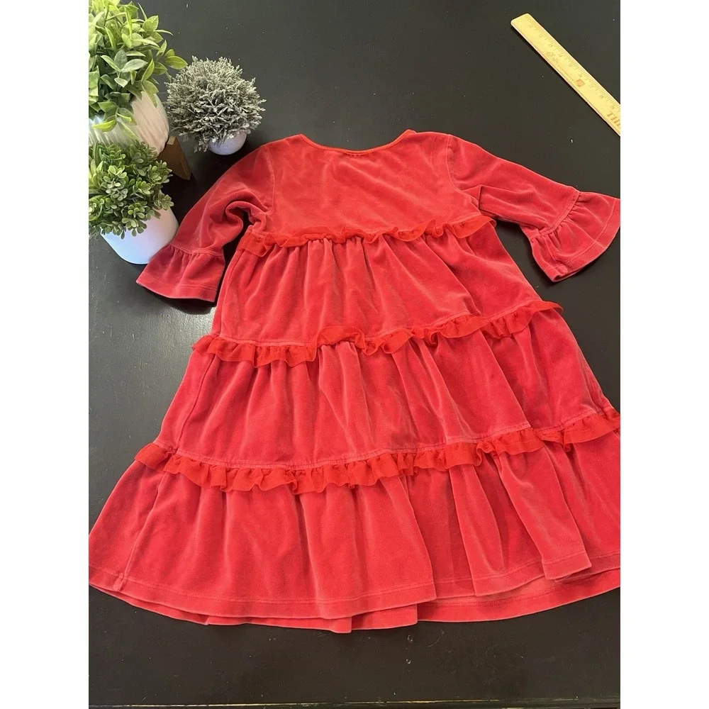 Hanna Andersson Red Velvet Ruffle Holiday Dress Sz 120 6/7 Bell Sleeve Christmas